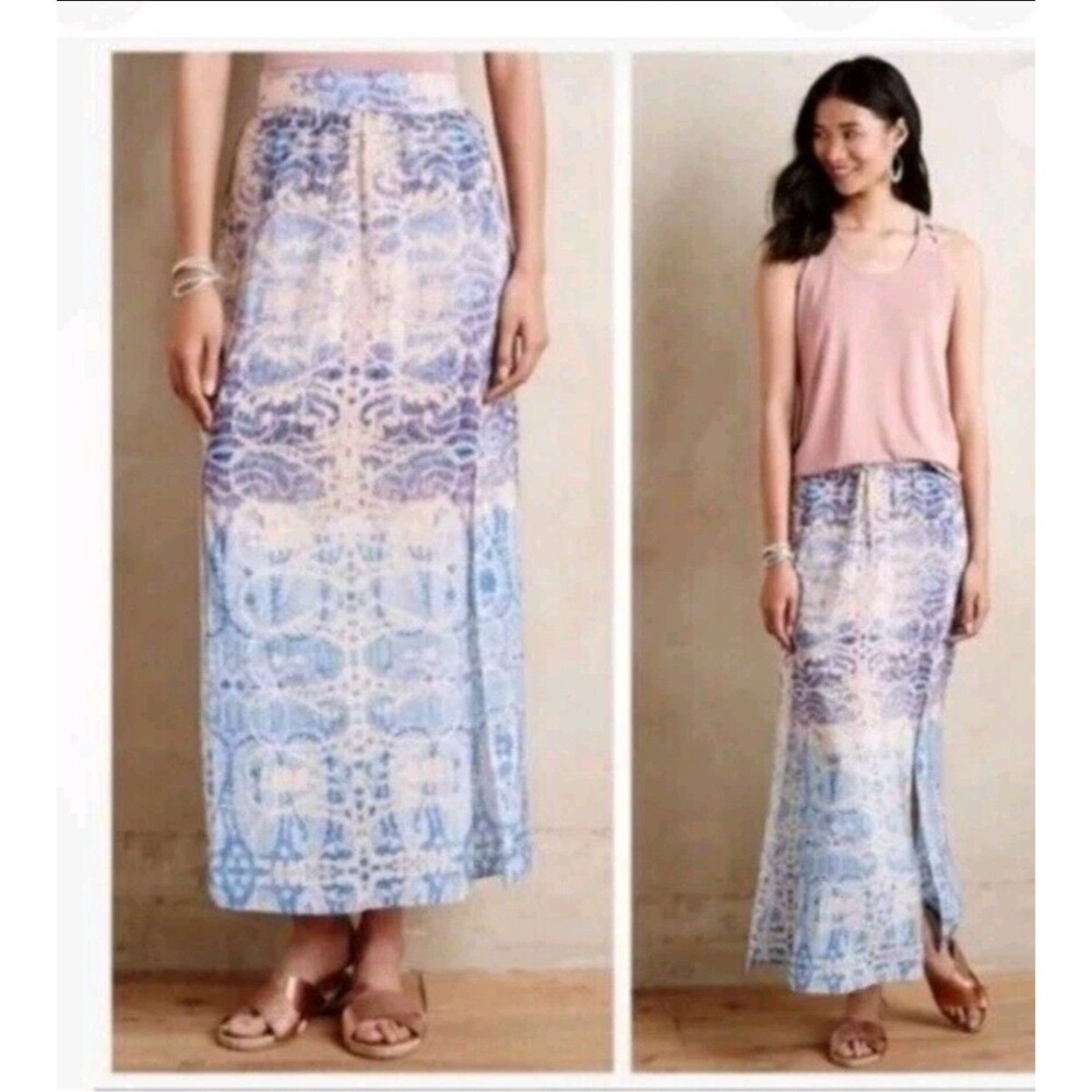 Anthropologie Maeve Waimea Batik Paisley Silk Maxi Skirt Line Slit Womens XXS